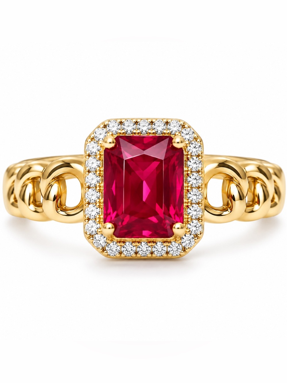Gold Chain-Link Ring with Vivid Red Emerald Cut Center